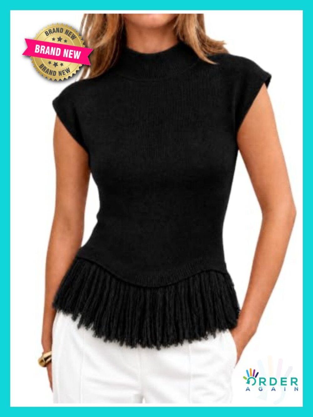 Cap Sleeve Sweater Vest Fringe Mock Neck Cable Knit Tank Top